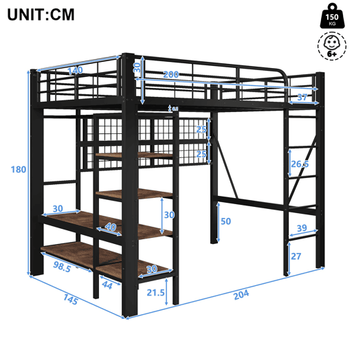 Cama Alta 140x200 cm - Estrutura metálica, prateleira, barra para roupa, espaço aberto, iluminação LED - Preto