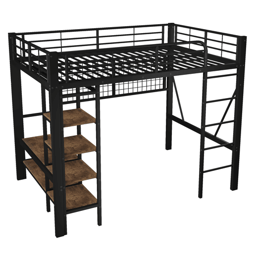 Cama Alta 140x200 cm - Estrutura metálica, prateleira, barra para roupa, espaço aberto, iluminação LED - Preto