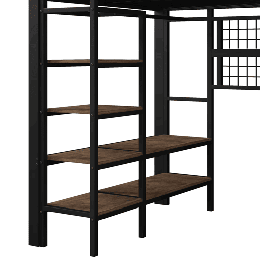 Cama Alta 140x200 cm - Estrutura metálica, prateleira, barra para roupa, espaço aberto, iluminação LED - Preto