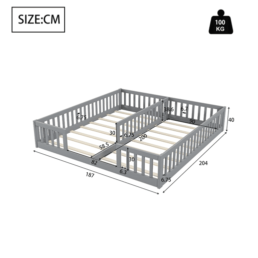 Cama infantil 90 x 200 cm - Com grade, com estrado, para famílias com dois filhos, pinho, estilo minimalista - Cinza