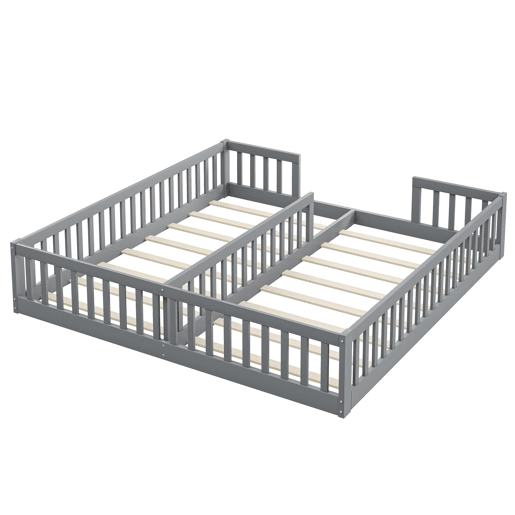 Cama infantil 90 x 200 cm - Com grade, com estrado, para famílias com dois filhos, pinho, estilo minimalista - Cinza