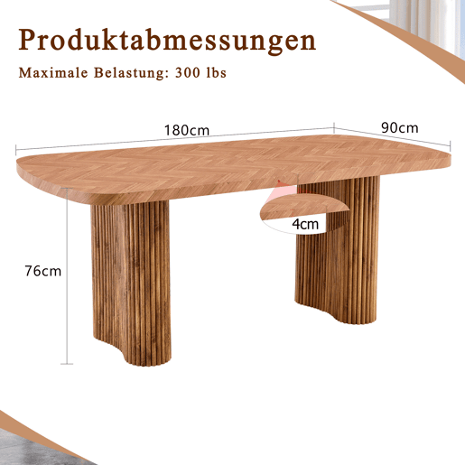 Mesa de jantar 180x90 cm - suporte em coluna arqueada, design moderno - madeira