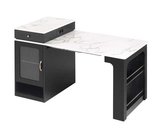 Isla de cocina con ruedas - mesa extensible con tablero extraíble y enchufes - blanco+negro