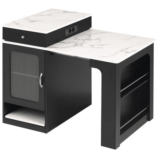 Ilha de cozinha com rodas - Mesa extensível com tampo removível e tomadas - Branco+Preto