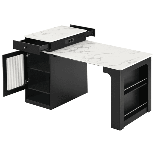 Ilha de cozinha com rodas - Mesa extensível com tampo removível e tomadas - Branco+Preto