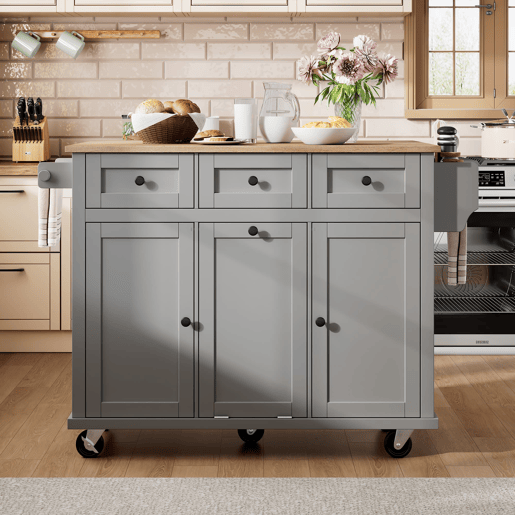 Ilha de cozinha 131x40 cm - com rodas, área de jantar extensível, gavetas e caixote do lixo - Preto