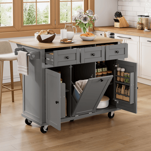 Ilha de cozinha 131x40 cm - com rodas, área de jantar extensível, gavetas e caixote do lixo - Preto