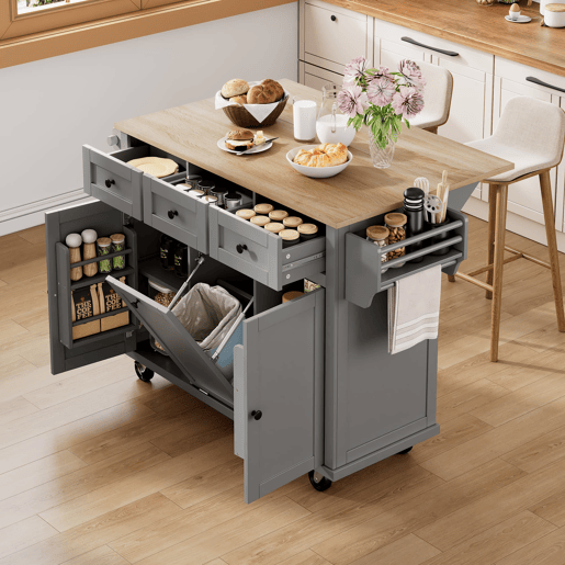 Ilha de cozinha 131x40 cm - com rodas, área de jantar extensível, gavetas e caixote do lixo - Preto