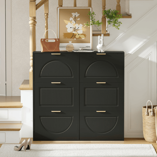 Sapateira moderna 118x115x25 cm - 6 compartimentos rebatíveis, prateleiras abertas - Preto