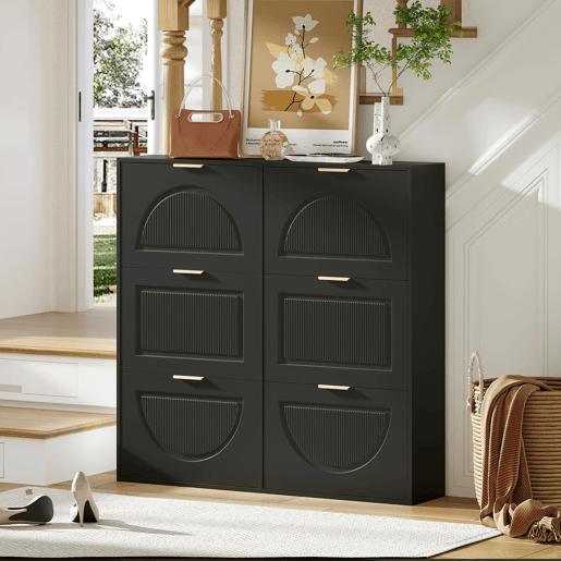 Sapateira moderna 118x115x25 cm - 6 compartimentos rebatíveis, prateleiras abertas - Preto