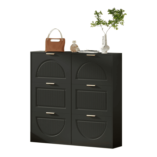 Sapateira moderna 118x115x25 cm - 6 compartimentos rebatíveis, prateleiras abertas - Preto