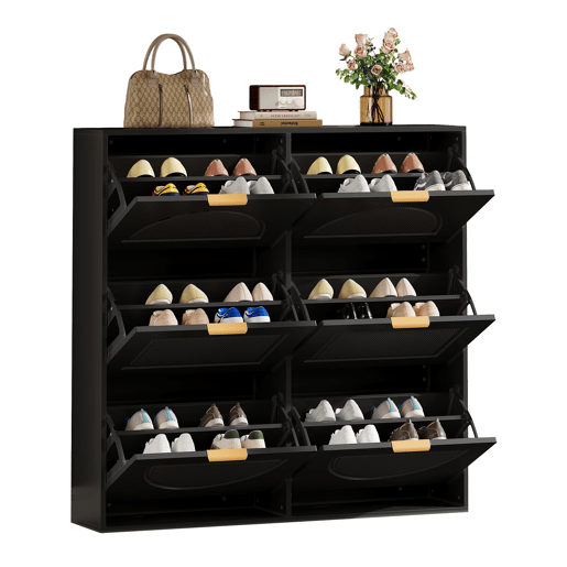 Sapateira moderna 118x115x25 cm - 6 compartimentos rebatíveis, prateleiras abertas - Preto