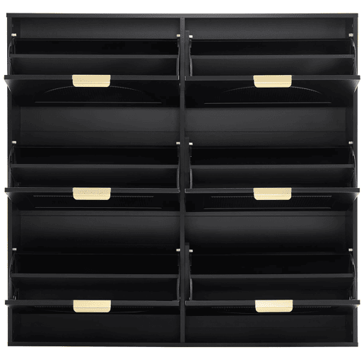 Sapateira moderna 118x115x25 cm - 6 compartimentos rebatíveis, prateleiras abertas - Preto