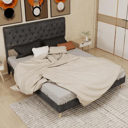 Cama moderna minimalista 160x200 - cabeceira confortável e macia, estrutura baixa - cinzenta