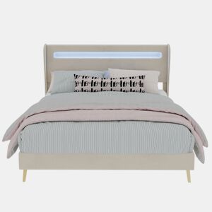 Cama estofada 140x200 - cabeceira macia com LED, base baixa sem arrumação - Bege
