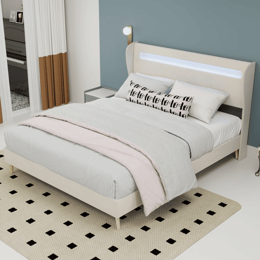 Cama estofada 140x200 - cabeceira macia com LED, base baixa sem arrumação - Bege