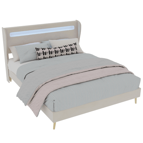 Cama estofada 140x200 - cabeceira macia com LED, base baixa sem arrumação - Bege