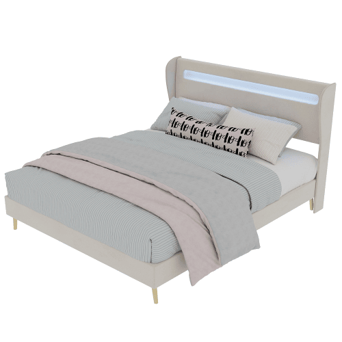 Cama estofada 140x200 - cabeceira macia com LED, base baixa sem arrumação - Bege