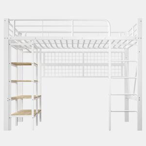 Cama alta 90x200 cm - Estrutura metálica, prateleira, rede para pendurar, barra para roupa, espaço livre, LED - Branco