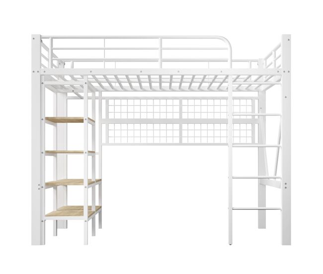 Cama alta 90x200 cm - estructura metálica, estante, red para colgar, barra de ropa, espacio libre, led - blanco
