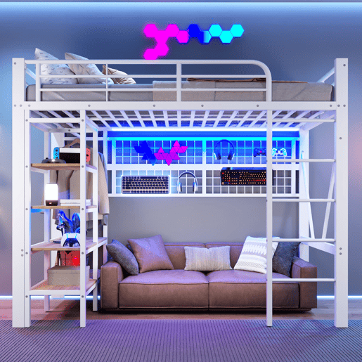 Cama alta 90x200 cm - Estrutura metálica, prateleira, rede para pendurar, barra para roupa, espaço livre, LED - Branco