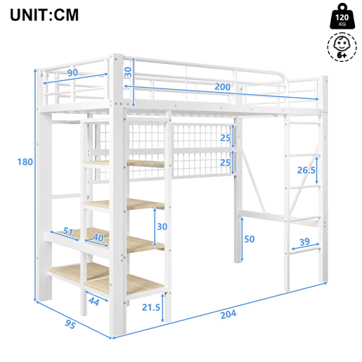 Cama alta 90x200 cm - Estrutura metálica, prateleira, rede para pendurar, barra para roupa, espaço livre, LED - Branco