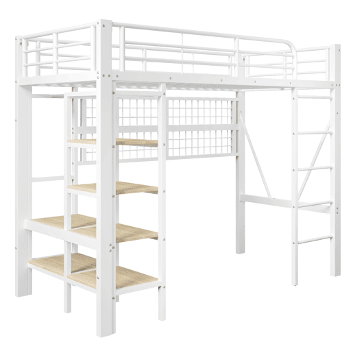 Cama alta 90x200 cm - Estrutura metálica, prateleira, rede para pendurar, barra para roupa, espaço livre, LED - Branco