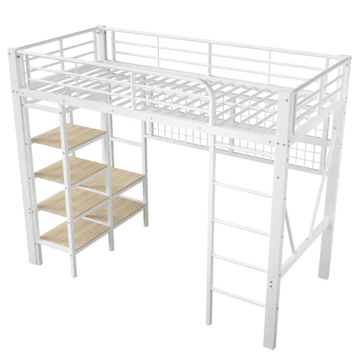 Cama alta 90x200 cm - Estrutura metálica, prateleira, rede para pendurar, barra para roupa, espaço livre, LED - Branco