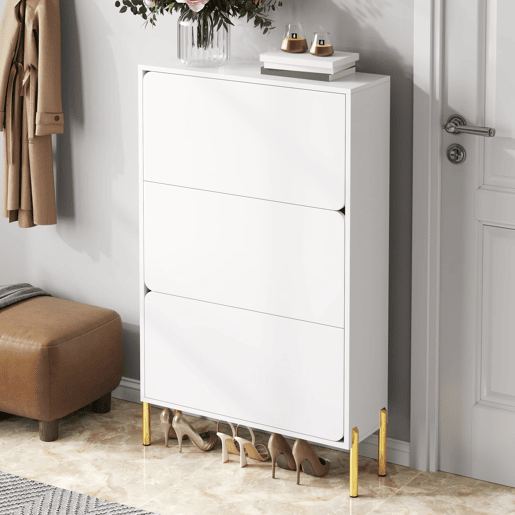 Sapateira moderna com 3 portas - Grande capacidade, pés dourados, estilo prático - Branco