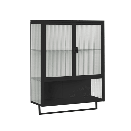 Armário de parede 60 cm - Portas de vidro, 2 níveis, prateleira aberta e toalheiro - Preto