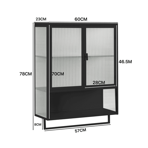 Armário de parede 60 cm - Portas de vidro, 2 níveis, prateleira aberta e toalheiro - Preto