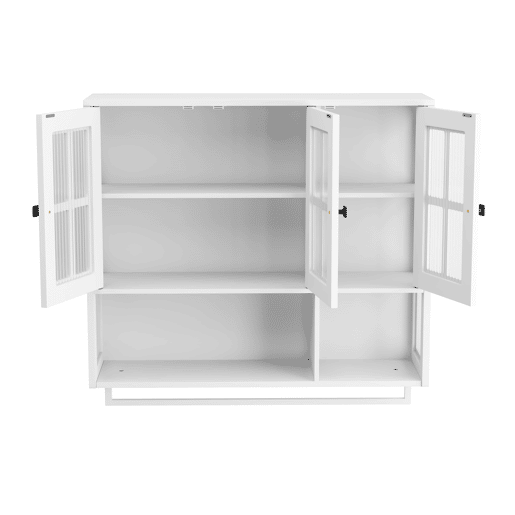Armário de parede para casa de banho - 3 portas com arrumação aberta e fechada, porta de vidro e barra para toalhas - Branco