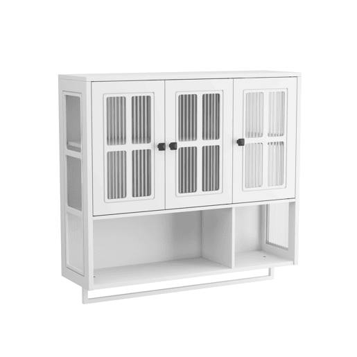Armário de parede para casa de banho - 3 portas com arrumação aberta e fechada, porta de vidro e barra para toalhas - Branco