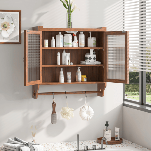 Armário de parede com portas de vidro 63 cm - 3 níveis de armazenamento com toalheiro - Castanho