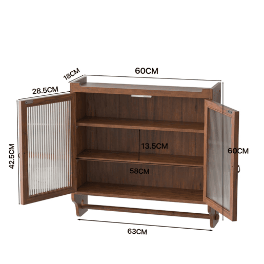 Armário de parede com portas de vidro 63 cm - 3 níveis de armazenamento com toalheiro - Castanho