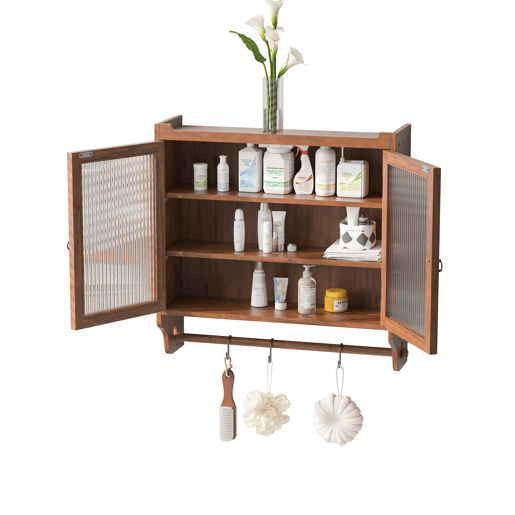 Armário de parede com portas de vidro 63 cm - 3 níveis de armazenamento com toalheiro - Castanho