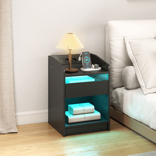HOMCOM Mesa de Cabeceira com Luzes LED Mesa de Cabeceira com Gaveta Prateleira Estação de Carregamento Entrada USB e Controlo Remoto 40x40x58 cm Branco