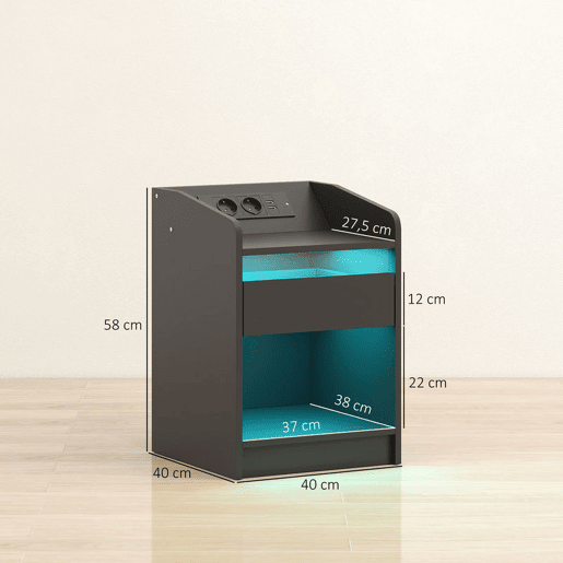 HOMCOM Mesa de Cabeceira com Luzes LED Mesa de Cabeceira com Gaveta Prateleira Estação de Carregamento Entrada USB e Controlo Remoto 40x40x58 cm Branco