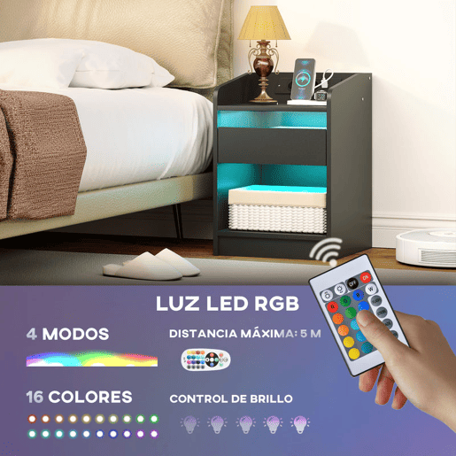 HOMCOM Mesa de Cabeceira com Luzes LED Mesa de Cabeceira com Gaveta Prateleira Estação de Carregamento Entrada USB e Controlo Remoto 40x40x58 cm Branco