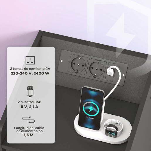 HOMCOM Mesa de Cabeceira com Luzes LED Mesa de Cabeceira com Gaveta Prateleira Estação de Carregamento Entrada USB e Controlo Remoto 40x40x58 cm Branco