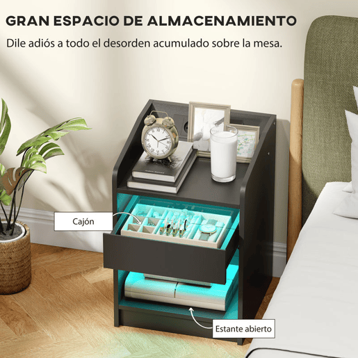 HOMCOM Mesa de Cabeceira com Luzes LED Mesa de Cabeceira com Gaveta Prateleira Estação de Carregamento Entrada USB e Controlo Remoto 40x40x58 cm Branco