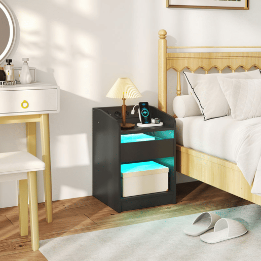HOMCOM Mesa de Cabeceira com Luzes LED Mesa de Cabeceira com Gaveta Prateleira Estação de Carregamento Entrada USB e Controlo Remoto 40x40x58 cm Branco