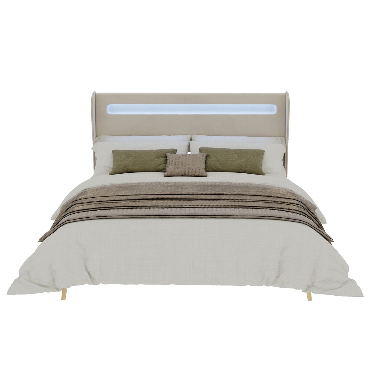 Cama tapizada 160x200 - cabecero acolchado con led, base baja sin almacenaje - beige