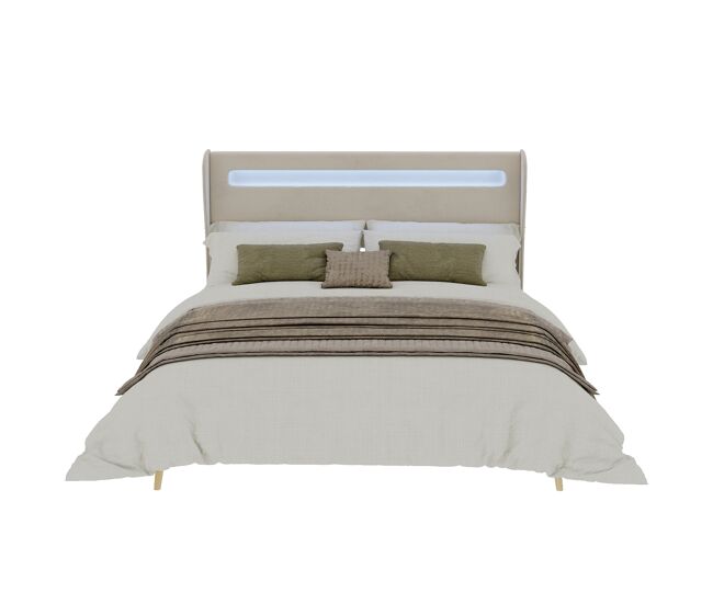 Cama tapizada 160x200 - cabecero acolchado con led, base baja sin almacenaje - beige