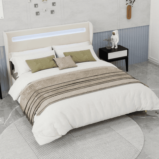 Cama estofada 160x200 - cabeceira acolchoada com LED, base baixa sem arrumação - bege