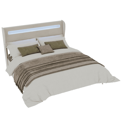 Cama estofada 160x200 - cabeceira acolchoada com LED, base baixa sem arrumação - bege
