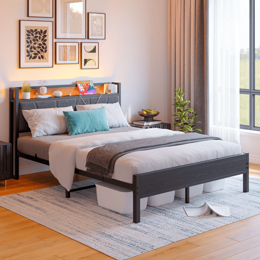 Cama 140x200cm - Cabeceira com LED e USB, plataforma metálica resistente - Preto