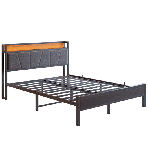 Cama 140x200cm - Cabeceira com LED e USB, plataforma metálica resistente - Preto