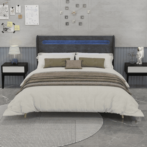 Cama estofada 160x200 - Minimalista com cabeceira LED e base baixa sem arrumação - Cinza