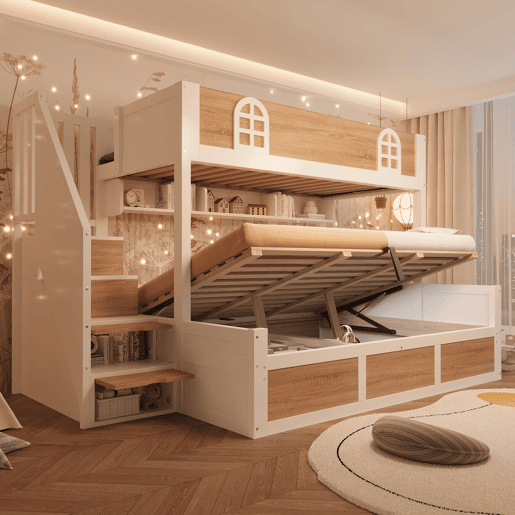 Beliche infantil 90x200140x200 - com arrumação, escada e proteção - NaturalBranco Beliche infantil 90x200140x200 - com arrumação, escada e proteção - NaturalBranco